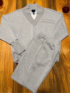 Scoop Women's Gray Track Jogger Set - Minimal V-Neck Top & Elastic Waist Pants